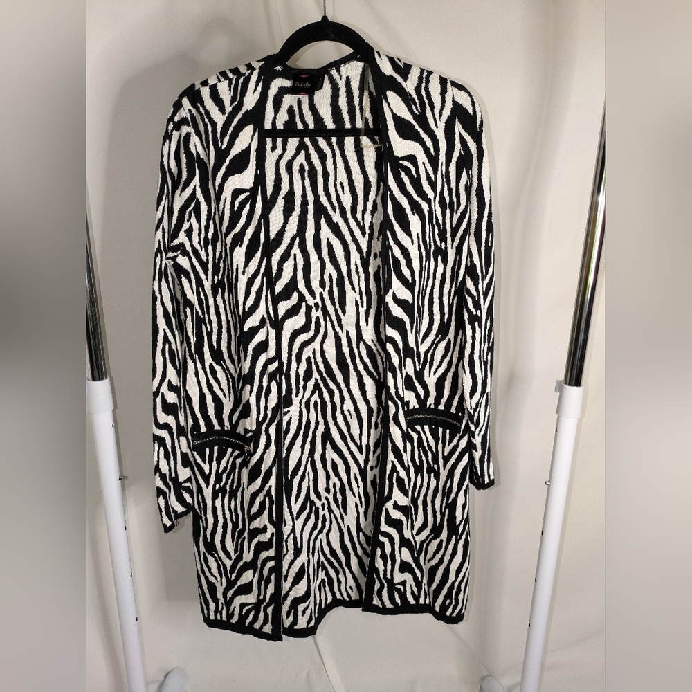 Rafaella Open Front Zebra Print Cardigan Sweater